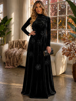 Velvet A-Line High Neck Formal Dresses with 3D Flowers