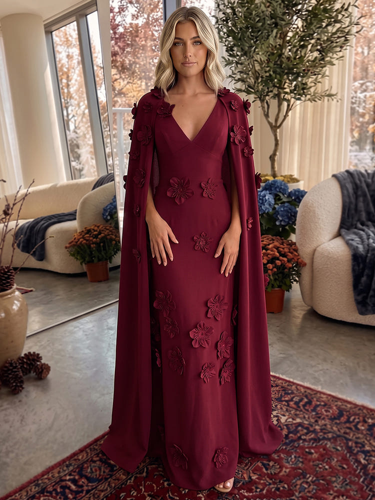 Jersey A-Line V Neck Formal Dresses with 3D Flowers