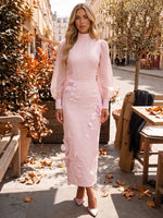 Satin Sheath High Neck Formal Dresses with 3D Flowers