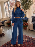 Jersey Pantsuit High Neck Sets with 3D Flowers