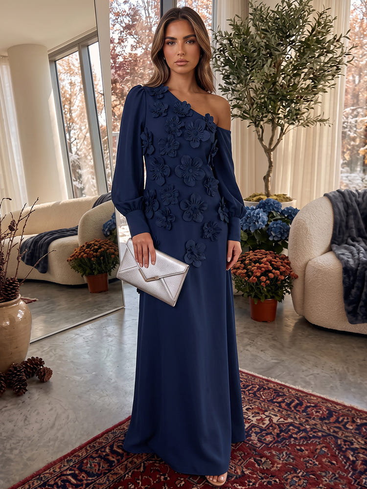 Jersey A-Line One Shoulder Formal Dresses with 3D Flowers