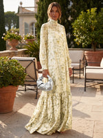 Chiffon A-Line High Neck Floral Print Formal Tent/ Trapeze Dresses with Long Sleeves