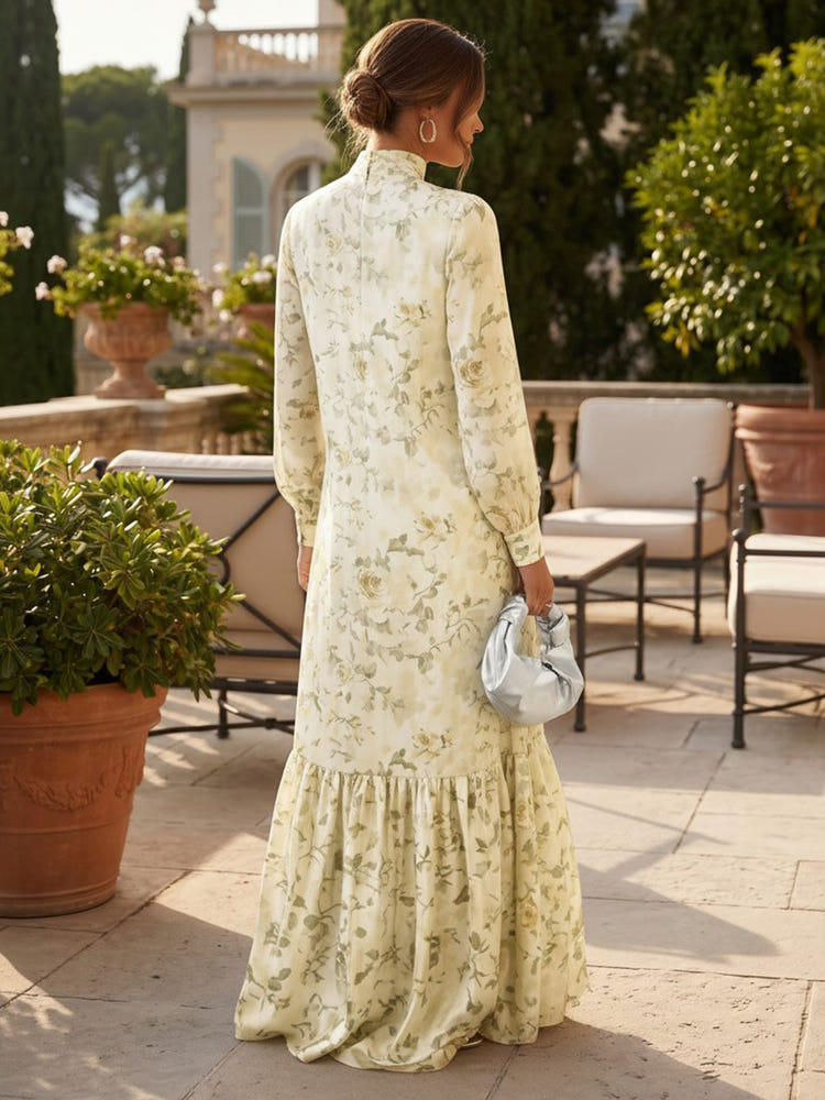Chiffon A-Line High Neck Floral Print Formal Tent/ Trapeze Dresses with Long Sleeves