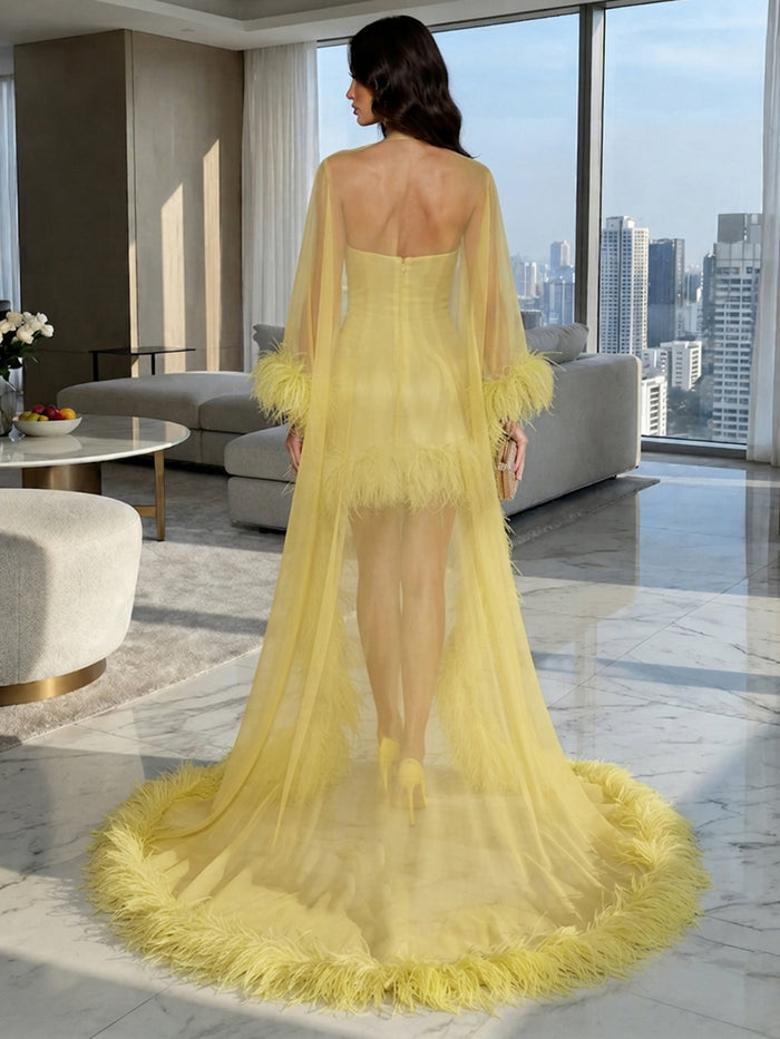 Chiffon Sheath Halter Formal Dresses with Sheer Chiffon Flowing Cape