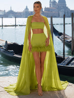 Jersey Bodycon Strapless Formal Dresses with Sheer Chiffon Flowing Cape