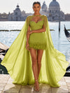 Jersey Bodycon Sweetheart Formal Dresses with Sheer Chiffon Flowing Cape