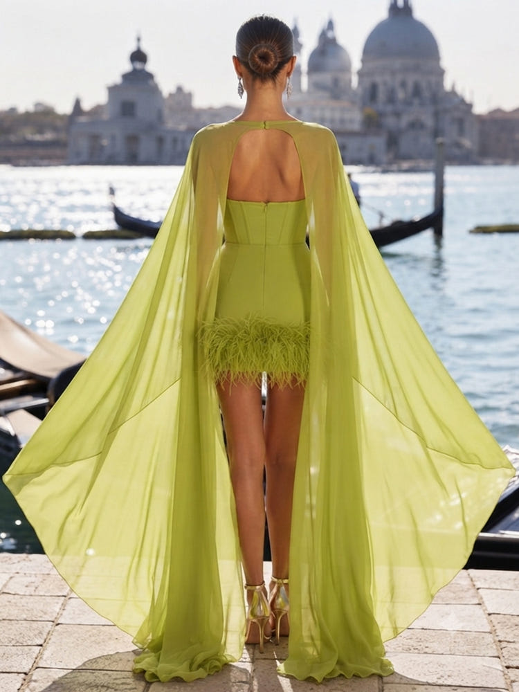 Jersey Bodycon Sweetheart Formal Dresses with Sheer Chiffon Flowing Cape