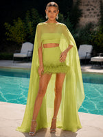 Jersey Bodycon Spaghetti Straps Formal Dresses with Sheer Chiffon Flowing Cape