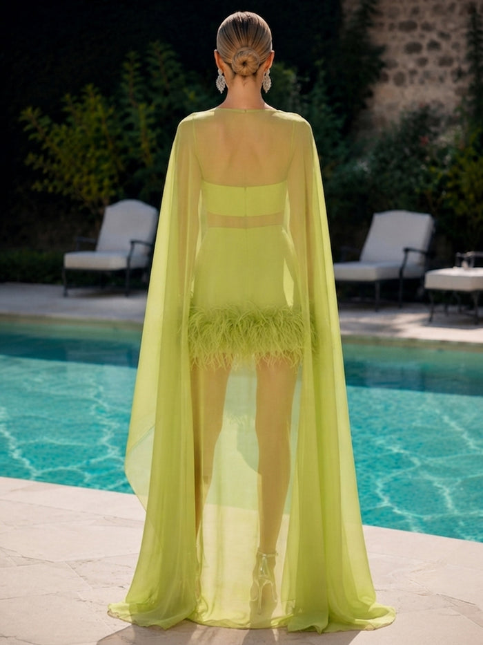 Jersey Bodycon Spaghetti Straps Formal Dresses with Sheer Chiffon Flowing Cape