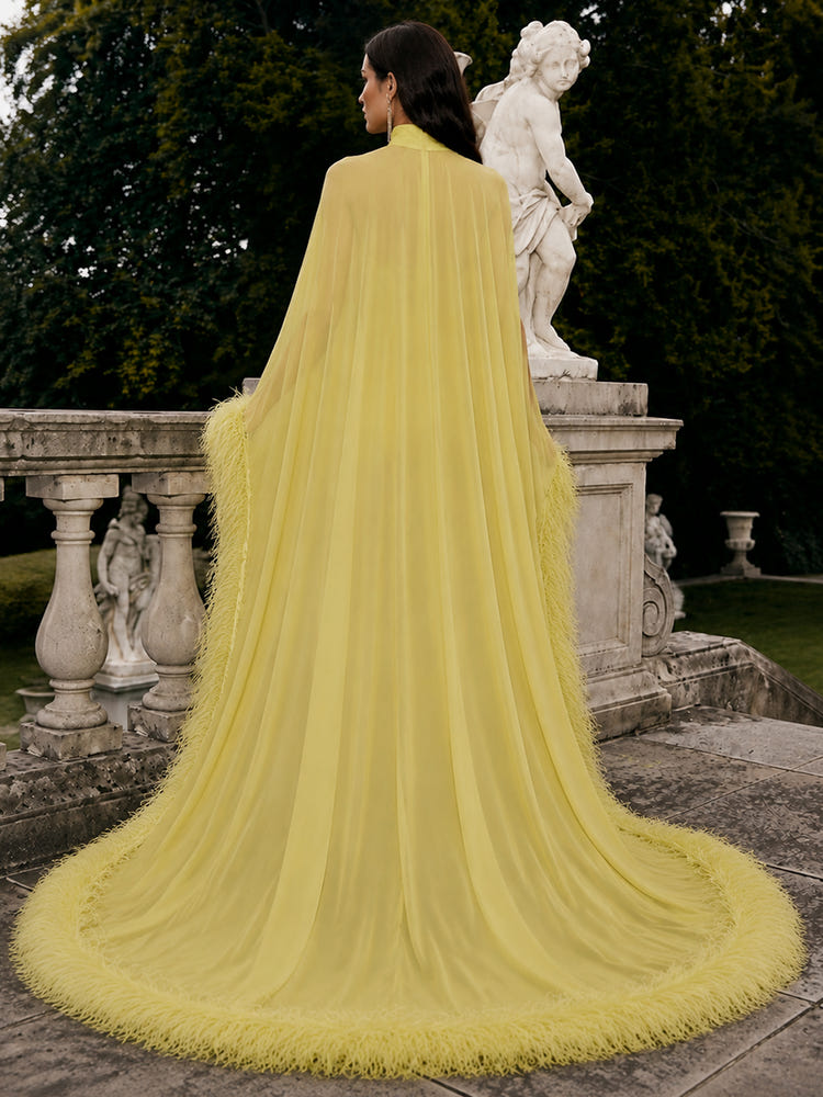 Jersey Bodycon High Neck Formal Dresses with Sheer Chiffon Flowing Cape
