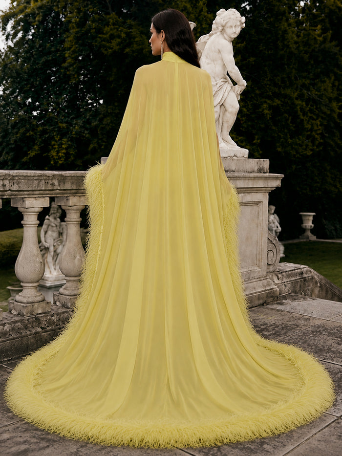 Jersey Bodycon High Neck Formal Dresses with Sheer Chiffon Flowing Cape
