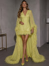 Jersey Bodycon V Neck Formal Dresses with Sheer Chiffon Flowing Cape
