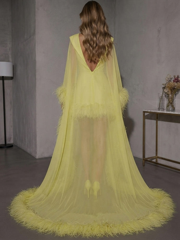 Jersey Bodycon V Neck Formal Dresses with Sheer Chiffon Flowing Cape