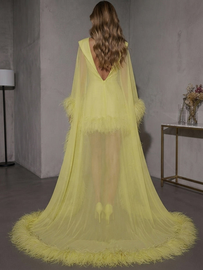 Jersey Bodycon V Neck Formal Dresses with Sheer Chiffon Flowing Cape
