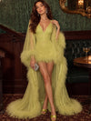 Jersey Sheath V Neck Formal Dresses with Sheer Chiffon Flowing Cape