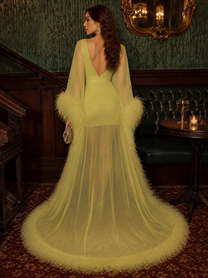Jersey Sheath V Neck Formal Dresses with Sheer Chiffon Flowing Cape