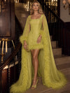 Jersey Sheath Square Neck Formal Dresses with Sheer Chiffon Flowing Cape