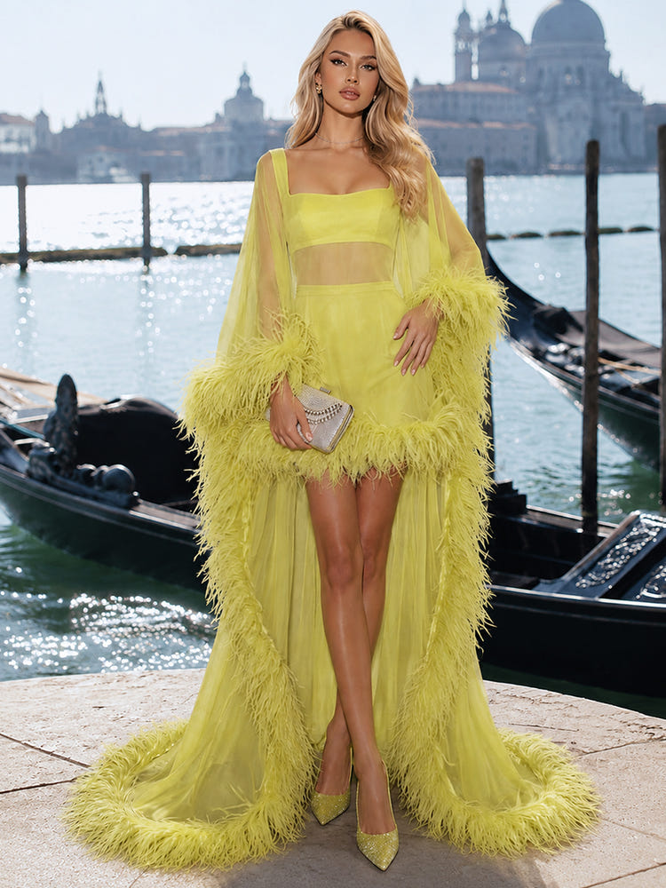 Tulle Sheath Square Neck Formal Dresses with Sheer Chiffon Flowing Cape
