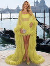 Tulle Sheath Square Neck Formal Dresses with Sheer Chiffon Flowing Cape
