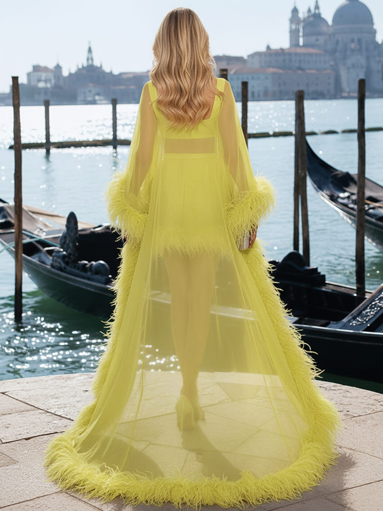 Tulle Sheath Square Neck Formal Dresses with Sheer Chiffon Flowing Cape