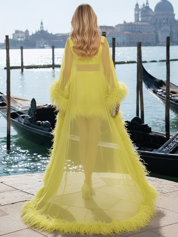 Tulle Sheath Square Neck Formal Dresses with Sheer Chiffon Flowing Cape