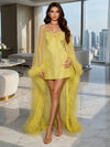 Tulle A-Line V Neck Formal Dresses with Sheer Chiffon Flowing Cape