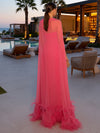 Chiffon A-Line Strapless Formal Dresses with Sheer Chiffon Flowing Cape
