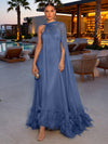 Chiffon A-Line Strapless Formal Dresses with Sheer Chiffon Flowing Cape