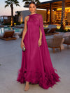 Chiffon A-Line Strapless Formal Dresses with Sheer Chiffon Flowing Cape