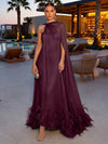 Chiffon A-Line Strapless Formal Dresses with Sheer Chiffon Flowing Cape