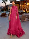 Chiffon A-Line Strapless Formal Dresses with Sheer Chiffon Flowing Cape