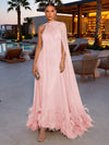 Chiffon A-Line Strapless Formal Dresses with Sheer Chiffon Flowing Cape