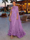 Chiffon A-Line Strapless Formal Dresses with Sheer Chiffon Flowing Cape