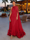 Chiffon A-Line Strapless Formal Dresses with Sheer Chiffon Flowing Cape