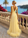 Chiffon A-Line V Neck Formal Dresses with Natural Feather Fringe Hem