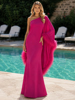 Jersey Mermaid One Shoulder Formal Dresses with Natural Feather Fringe Hem