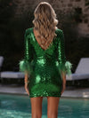 Sequin Sheath V Neck Formal Dresses with Feathers