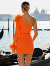 Jersey Bodycon One Shoulder Formal Dresses with Feathers