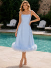 Satin A-Line Spaghetti Straps Formal Dresses with Natural Feather Fringe Hem