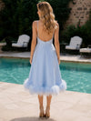 Satin A-Line Spaghetti Straps Formal Dresses with Natural Feather Fringe Hem