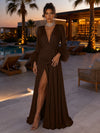 Satin A-Line V Neck Formal Dresses with Side Waist Ruched Shaping Detail