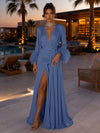 Satin A-Line V Neck Formal Dresses with Side Waist Ruched Shaping Detail