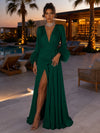 Satin A-Line V Neck Formal Dresses with Side Waist Ruched Shaping Detail