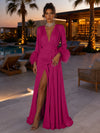 Satin A-Line V Neck Formal Dresses with Side Waist Ruched Shaping Detail