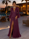 Satin A-Line V Neck Formal Dresses with Side Waist Ruched Shaping Detail