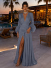 Satin A-Line V Neck Formal Dresses with Side Waist Ruched Shaping Detail