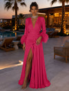 Satin A-Line V Neck Formal Dresses with Side Waist Ruched Shaping Detail