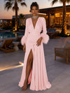 Satin A-Line V Neck Formal Dresses with Side Waist Ruched Shaping Detail