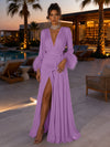 Satin A-Line V Neck Formal Dresses with Side Waist Ruched Shaping Detail