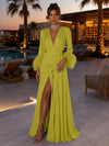 Satin A-Line V Neck Formal Dresses with Side Waist Ruched Shaping Detail